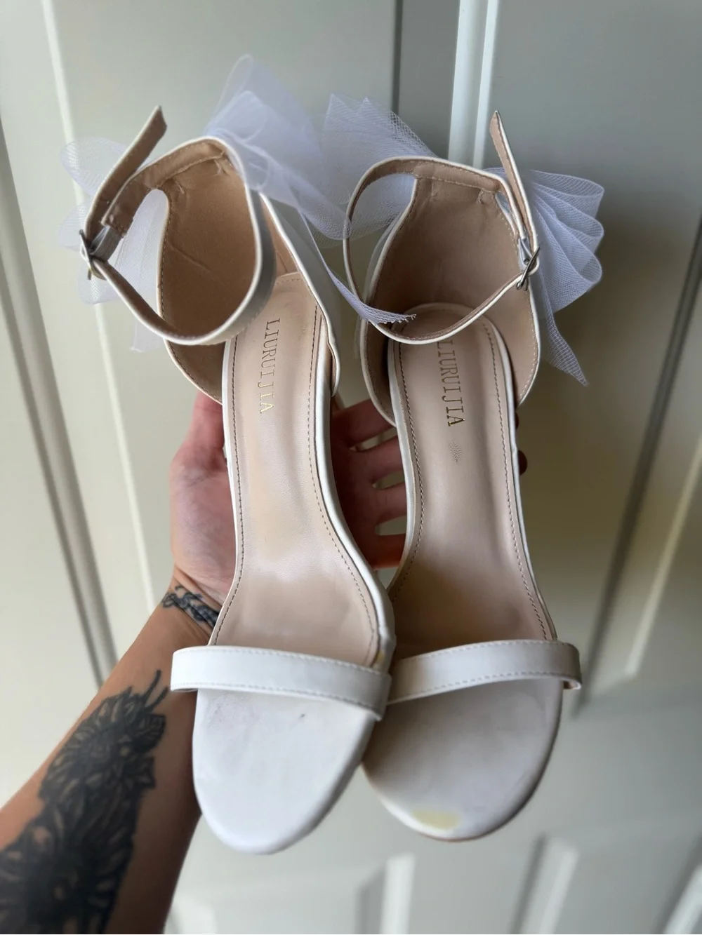 White Ankle-Strap Heels with Bridal Bow 7.5